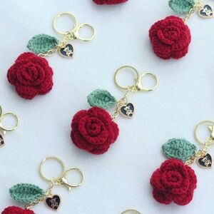 Crochet Rose Keychain with Gold Accents